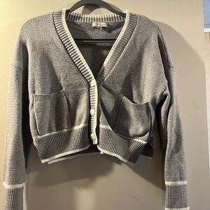 Gray Cropped V-Neck Button-Up Women's Sweater
